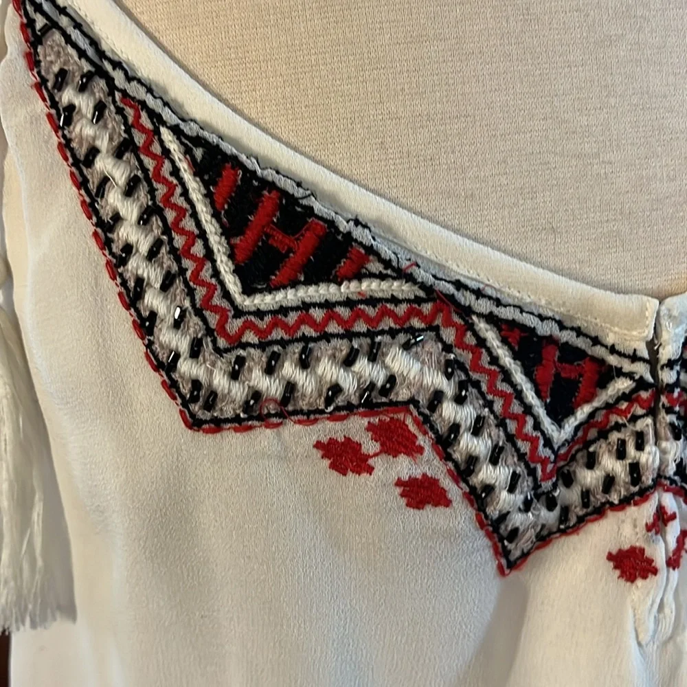 Free People Boho Summer Cream semi shear Dress w/Red Aztec Embroidery Size M - Picture 6 of 17